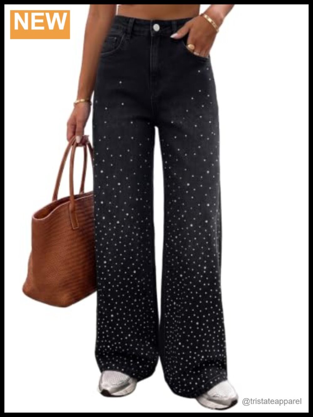 Dokotoo Womens Wide Leg Rhinestone Stretchy High Rise Denim Jeans Trendy
